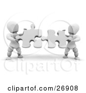 Poster, Art Print Of Two White Characters Holding White Jigsaw Puzzle Pieces And Trying To Fit Them Together