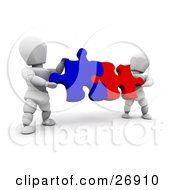 Poster, Art Print Of Two White Characters Holding Red And Blue Jigsaw Puzzle Pieces And Fitting Them Together
