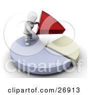 Poster, Art Print Of White Character Standing On Top Of A Blue Pie Chart Fitting Red And Yellow Pieces Together