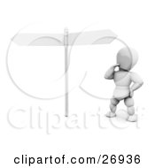 Clipart Illustration Of A White Character Looking Up Two Blank White Street Signs At A Crossroads