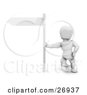 Clipart Illustration Of A White Character Leaning Against The Pole Of A Blank White Street Sign