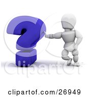 White Character Leaning Against A Blue Question Mark