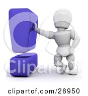 Poster, Art Print Of White Character Leaning Against A Blue Exclamation Point
