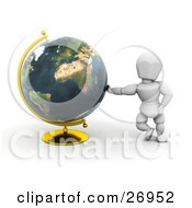 Poster, Art Print Of White Character Leaning Against A Globe On A Golden Stand