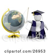 Poster, Art Print Of White Character Teacher In A Cap And Gown Waving A Cane And Standing By A Globe