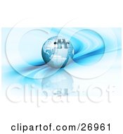 Clipart Illustration Of A Blue Jigsaw Puzzle Globe With One Missing Piece On A Blue Background With Waves