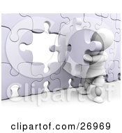Clipart Illustration Of A White Character Inserting The Final Jigsaw Puzzle Piece Into A Wall by KJ Pargeter