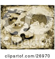 Grunge Textured Background Of An Incomplete World Map Puzzle With The Last Piece Resting On Top