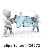 Two White Characters Holding Blue Jigsaw Puzzle Pieces And Fitting Them Together