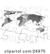 Clipart Illustration Of A Completed Gray And White World Map Puzzle by KJ Pargeter