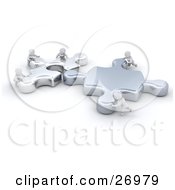 Clipart Illustration Of Tiny White Characters Helping Each Other Fit Two Giant Jigsaw Puzzle Pieces Together by KJ Pargeter