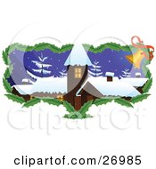 Poster, Art Print Of Brown Church Or Building With Snow On The Roof Tops And Snow Flocked Trees On A Wintry Night With A Border Of Holly Leaves And Jingle Bells