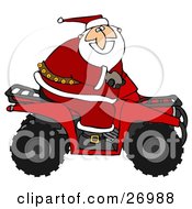Santa Claus In His Red Suit Riding A Red Atv In The Snow