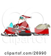 Santa Claus Snowmobiling To Deliver Presents His Sack Of Toys In A Trailer Behind Him