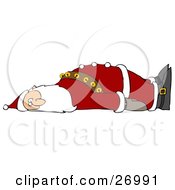 Poster, Art Print Of Exhausted Santa Claus Laying On His Back And Looking Towards The Viewer Crashing After Delivering Gifts Worldwide