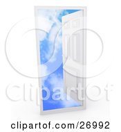 Clipart Illustration Of A White Door In A Frame Opening To A Blue Sky With Puffy White Clouds Symbolizing Heaven Death And The Unknown by Leo Blanchette