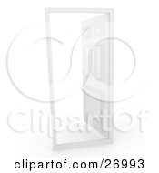 Clipart Illustration Of A White Door In A Frame Opening To White Symbolizing The Unknown