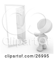 Clipart Illustration Of A White Meta Man Standing In Front Of An Open Door With White Of The Unknown On The Other Side