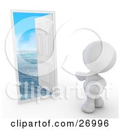 White Meta Man Standing In Front Of An Open Door With Blue Waters Of The Ocean Under A Blue Sky