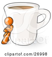 Orange Man Leaning Against A Giant White Cup Of Coffee