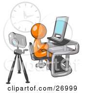 Poster, Art Print Of Orange Man Using A Desktop Computer With A Camera On A Tripod Behind Him And A Big Clock On The Wall In The Background