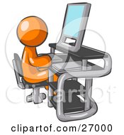 Orange Man Sitting At A Desk In Front Of A Computer With A Scanner At His Side