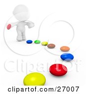 Poster, Art Print Of White Meta Man Bending Over To Pick Up Pieces Of Colorful Candies That Have Ben Set In A Path For Him To Follow