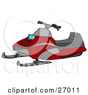 Poster, Art Print Of Red Snowmobile With Gray Stripes And A Cushioned Seat
