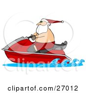 Santa Claus Wearing Shorts And A Hat Riding On A Red Jet Ski