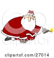Santa Claus Kneeling And Holding A Lit Match Preparing To Light Something On Fire
