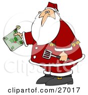 Santa Claus Holding A Green Holly Hot Pad And Spatula In The Kitchen