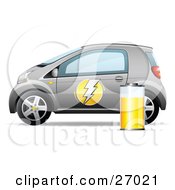 Compact Silver Battery Powered Car With A Lightning Bolt On The Door And A Yellow Battery On The Side
