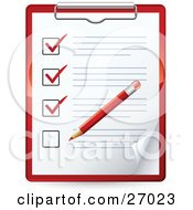 Clipart Illustration Of A Red Pencil Marking Of Items On A Check List On A Clipboard