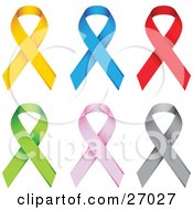 Clipart Illustration Of A Collection Of Yellow Blue Red Green Pink And Gray Awareness Ribbons by beboy