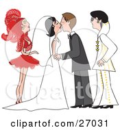 Bride And Groom In A Gown And Tuxedo Kissing At Their Vegas Wedding Ceremony With A Showgirl And An Elvis Impersonator As Their Witnesses