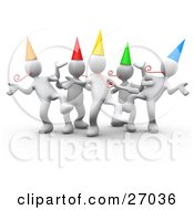 Group Of White People Wearing Party Hats And Blowing Noise Makers While Dancing At A Birthday Or New Years Eve Party