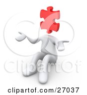 White Person With A Red Jigsaw Puzzle Piece Head Sitting And Shrugging Symbolizing Uncertainty Or Confusion