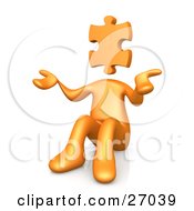 Orange Person With A Jigsaw Puzzle Piece Head Sitting And Shrugging Symbolizing Uncertainty Or Confusion