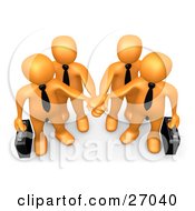 Four Orange Business People Carrying Briefcases And Standing With Their Hands Piled Symbolizing Teamwork Cooperation Support Unity And Goals