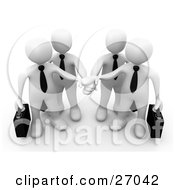 Clipart Illustration Of Four White Business People Carrying Briefcases And Standing With Their Hands Piled Symbolizing Teamwork Cooperation Support Unity And Goals