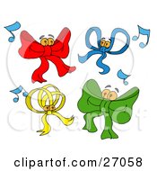 Poster, Art Print Of Group Of Red Blue Yellow And Green Dancing Bows With Music Notes And Bells As Eyeballs