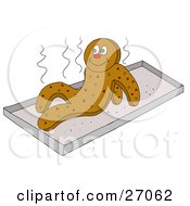 Clipart Illustration Of A Hot Gingerbread Man With Sprinkles Standing Up From A Warm Cookie Sheet