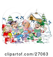 Group Of Happy Elves Walking Through A Winter Village And Listening To Christmas Music On Cd Players