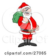 Santa Claus Smiling And Standing With A Green Toy Sack Over His Shoulder