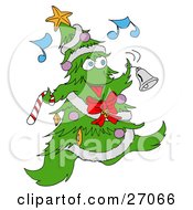 Jolly Christmas Tree Character With Ornaments A Star And Garland Dancing And Ringing A Bell While Listening To Music