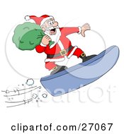 Santa Carrying His Sack And Snowboarding Down A Mountain While Delivering Christmas Presents