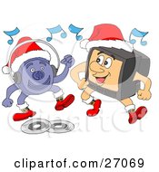 Poster, Art Print Of Cd Player And Television Characters Wearing Santa Hats And Boots Dancing And Listening To Christmas Music