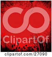 Clipart Illustration Of A Grungy Red Background Bordered By Black Silhouetted Bare Branches And Flowers