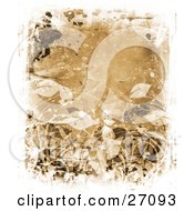Clipart Illustration Of A Canvas Textured Background Of White And Black Plants And Leaves With Black Paint Splatters Over Brown by KJ Pargeter