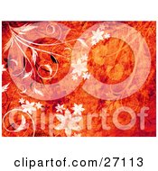 Clipart Illustration Of White And Black Flowers And Vines With Grunge Textures Over A Red And Orange Background